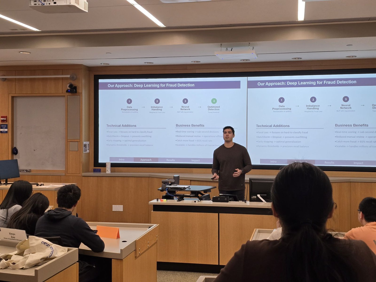 Santiago Mesa Rodriguez presenting an applied analytics project at Duke Fuqua